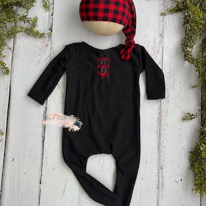 Newborn Pajama, Newborn Romper,Newborn Sleepy Hat, Newborn Photo Props, Newborn Boy Props, Boy Photo Prop, BlackNewbornRomper, Buffalo Plaid