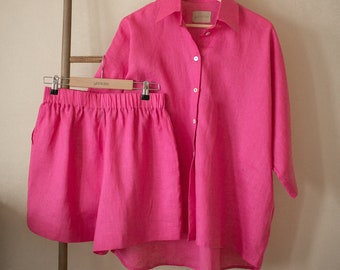 Linen Two-piece Set for Women with High-Waisted Shorts and Linen Collared Shirt, Linen Casual Wear for Women/Hot Pink Women's Linen Suit