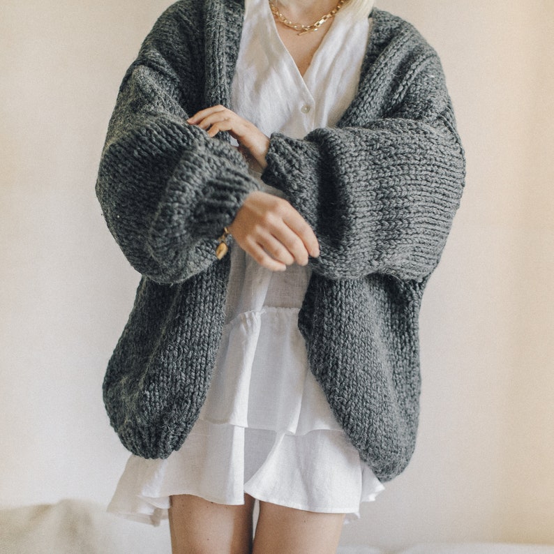 Grey Chunky Knit Cardigan Hand Knit Oversize Woman Sweater Christmas ...