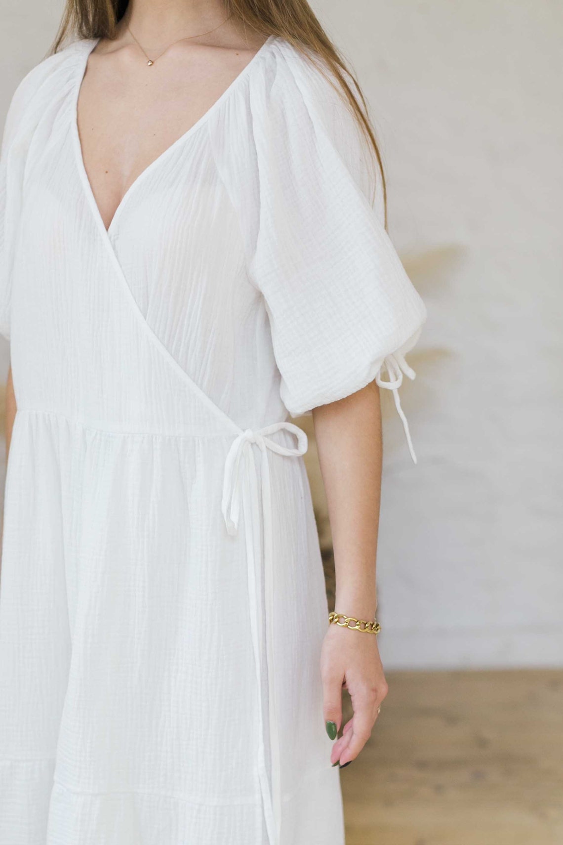 White cotton smock wrap midi dress white loose dress 2021 | Etsy