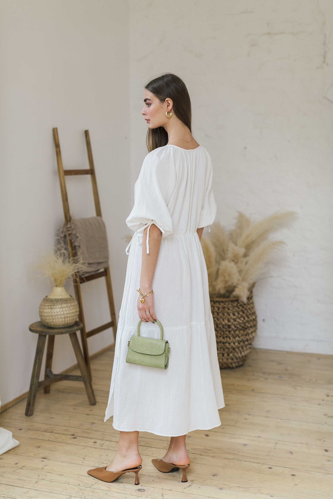 White Cotton Smock Wrap Midi Dress, White Loose Dress 2021 - Etsy