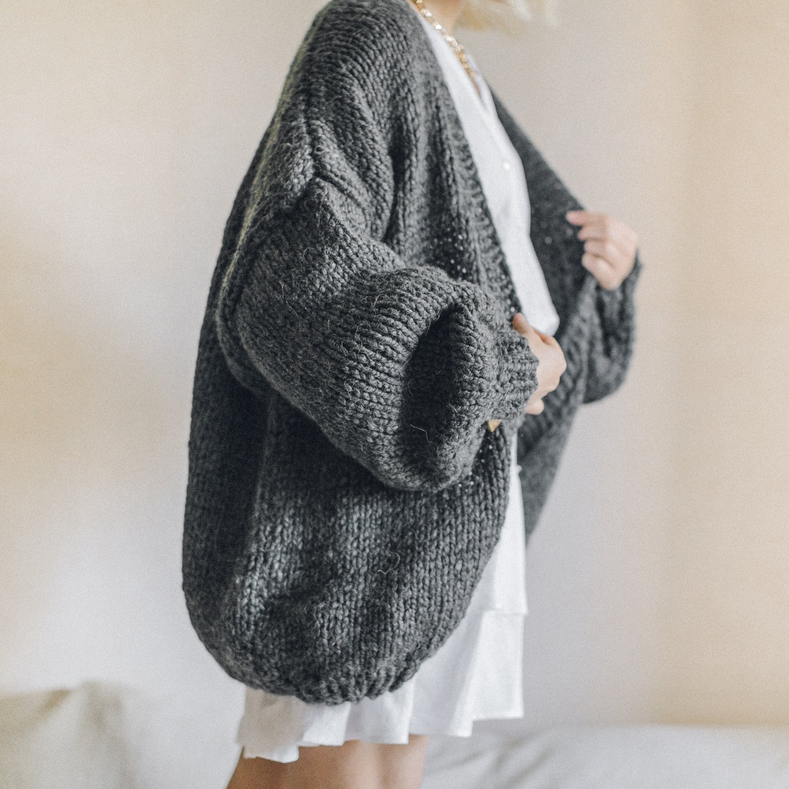 Dark Grey Knit Oversized Long Sleeve Full Length Cardigan Sweater Shall main image 1