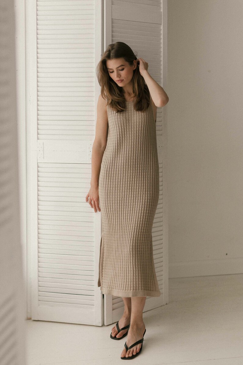 Cotton Blended Loose Fit Midi Elegant Warm Cozy Dress, Relaxed knit midi dress in stone Trendy Casual Dress for Everyday & Special Occasions image 3