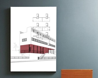 Midcentury modern retro house printable drawing, Le Corbusier