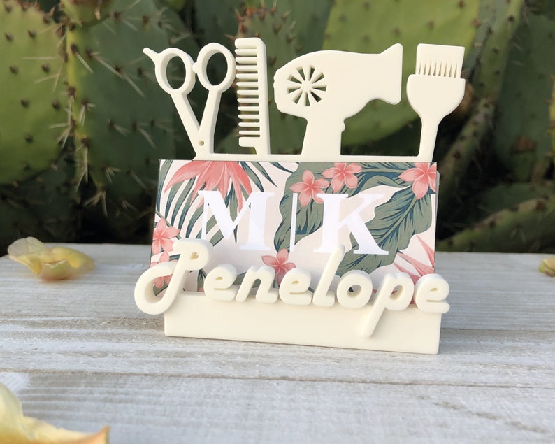 Hair Stylist Business Card Holder Personalized Desk 3D Printed White Salon Customized Gift for beautician Cosmetologist Hair Dresser desktop 