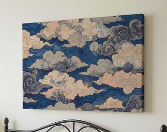Japanese Cloud Stretched Canvas, Navy Blue Gold Celestial Sky Art (Japandi Decor)