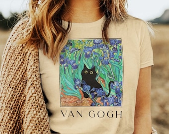 Van Gogh Cat Shirt, Van Gogh Irises Cat Tshirt, Black Cat tee, Funny Cat shirt, Flowers shirt, Ladies Shirts, Funny gift idea BC006