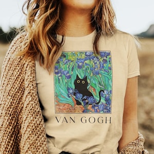 Van Gogh Cat Shirt, Van Gogh Irises Cat Tshirt, Black Cat tee, Funny Cat shirt, Flowers shirt, Ladies Shirts, Funny gift idea BC006