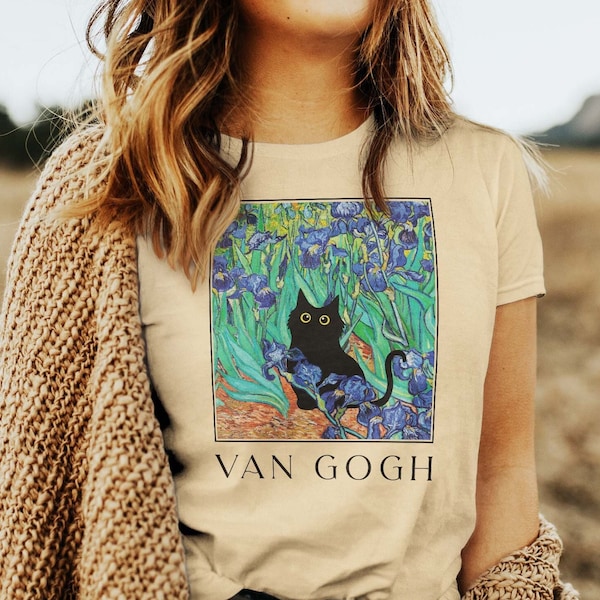 Van Gogh Cat Shirt, Van Gogh Irises Cat Tshirt, Black Cat tee, Funny Cat shirt, Flowers shirt, Ladies Shirts, Funny gift idea BC006