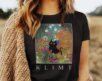 Klimt Cat Shirt, Gustav Klimt Garden Cat Tshirt, Black Cat tee, Funny Cat shirt, Klimt flowers shirt, Ladies Shirts, Funny gift idea BC005