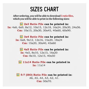 May include: A white chart titled "SIZES CHART" with text detailing print sizes for various aspect ratios. Includes sizes in inches (in) and centimeters (cm) for 2x3, 3x4, 4x5, 11x14, and 5:7 (ISO) ratio files.
