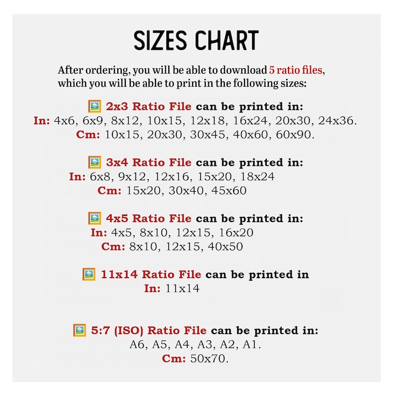 May include: A white chart titled "SIZES CHART" with text detailing print sizes for various aspect ratios. Includes sizes in inches (in) and centimeters (cm) for 2x3, 3x4, 4x5, 11x14, and 5:7 (ISO) ratio files.