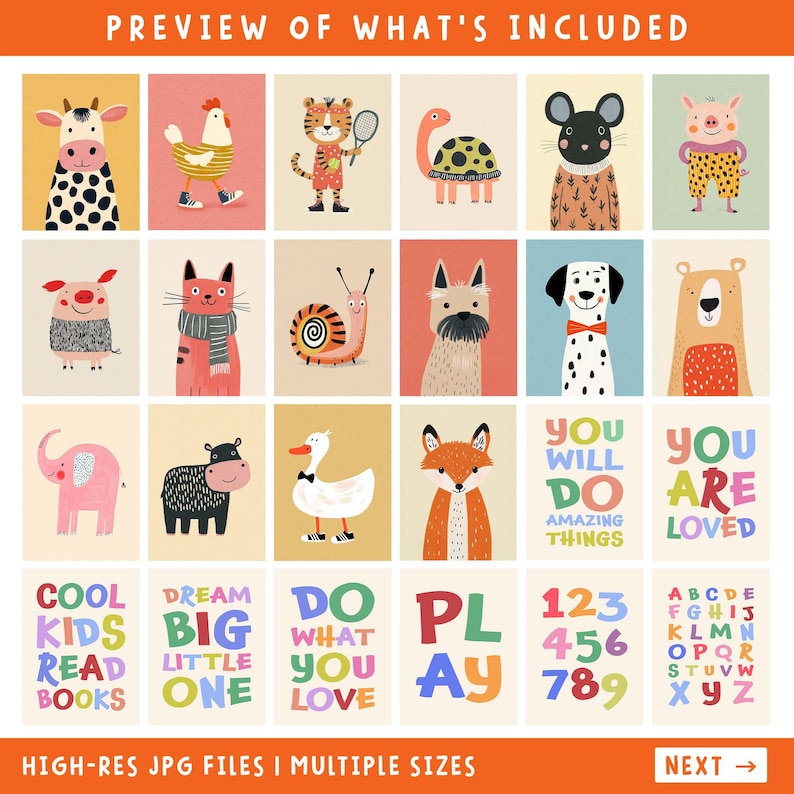 May include: A collection of colorful, illustrated animal and inspirational quote prints. The prints feature a cow, chicken, tiger, turtle, mouse, pig, cat, snail, dog, bear, elephant, hippo, duck, fox, and text that reads "You Will Do Amazing Things" and "You Are Loved".