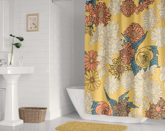 Cortina de ducha de flores retro de los años 70, cortina de baño floral, decoración de baño natural, cortina impermeable, cortina de flores pastel roja, azul, amarilla pastel