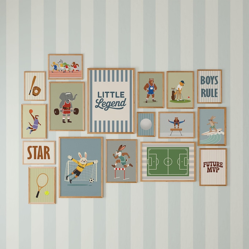 May include: A collection of framed art prints featuring sports-themed illustrations. The prints showcase various sports like baseball, basketball, soccer, and surfing, with animal characters. The color palette includes blues, greens, and browns, with text like "STAR" and "BOYS RULE".