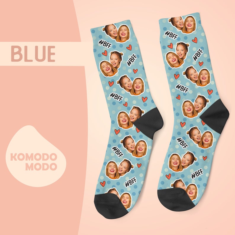 Custom Face Socks, Personalized Best Friends Photo Sock, Picture Face on Socks, Customized Funny Photo Gift For Her, Him, Friends BFF, 1BFF Blue