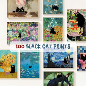 May include: Collection of framed art prints featuring famous paintings with black cats incorporated into the scenes. The prints include images of sunflowers, water lilies, and starry nights. The text "100 BLACK CAT PRINTS" is displayed.