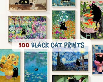 Lot de 100 impressions d'art chat noir, téléchargement d'affiches de chat imprimables, chat dans un tableau célèbre, art mural chat mignon, art de la chambre d'enfant, téléchargement numérique