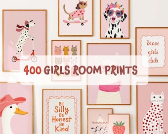 400 impressions de chambre de fille, lot d'enfants, impressions murales roses, filles d'art pour chambre de toute-petite, téléchargement numérique d'art mural pour chambre d'enfant, impressions animalières ludiques