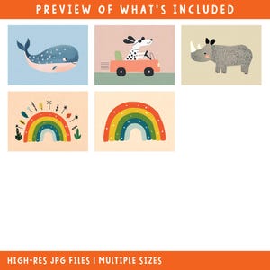 May include: A collection of colorful illustrations featuring a whale, a dog driving a car, a rhinoceros, and two rainbow designs. The images have a whimsical, cartoon style with a soft color palette. Text at the top reads "PREVIEW OF WHAT'S INCLUDED".