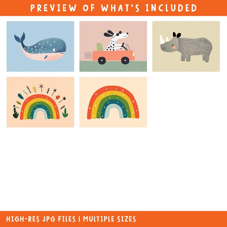 May include: A collection of colorful illustrations featuring a whale, a dog driving a car, a rhinoceros, and two rainbow designs. The images have a whimsical, cartoon style with a soft color palette. Text at the top reads "PREVIEW OF WHAT'S INCLUDED".