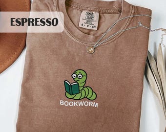 Bookworm Embroidered Tee, Cute Comfort Colors Shirt for Book Lovers, Bookish Gifts