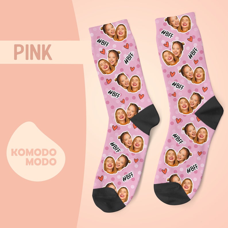 Custom Face Socks, Personalized Best Friends Photo Sock, Picture Face on Socks, Customized Funny Photo Gift For Her, Him, Friends BFF, 1BFF Pink