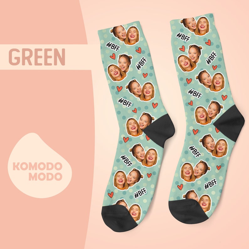 Custom Face Socks, Personalized Best Friends Photo Sock, Picture Face on Socks, Customized Funny Photo Gift For Her, Him, Friends BFF, 1BFF Green