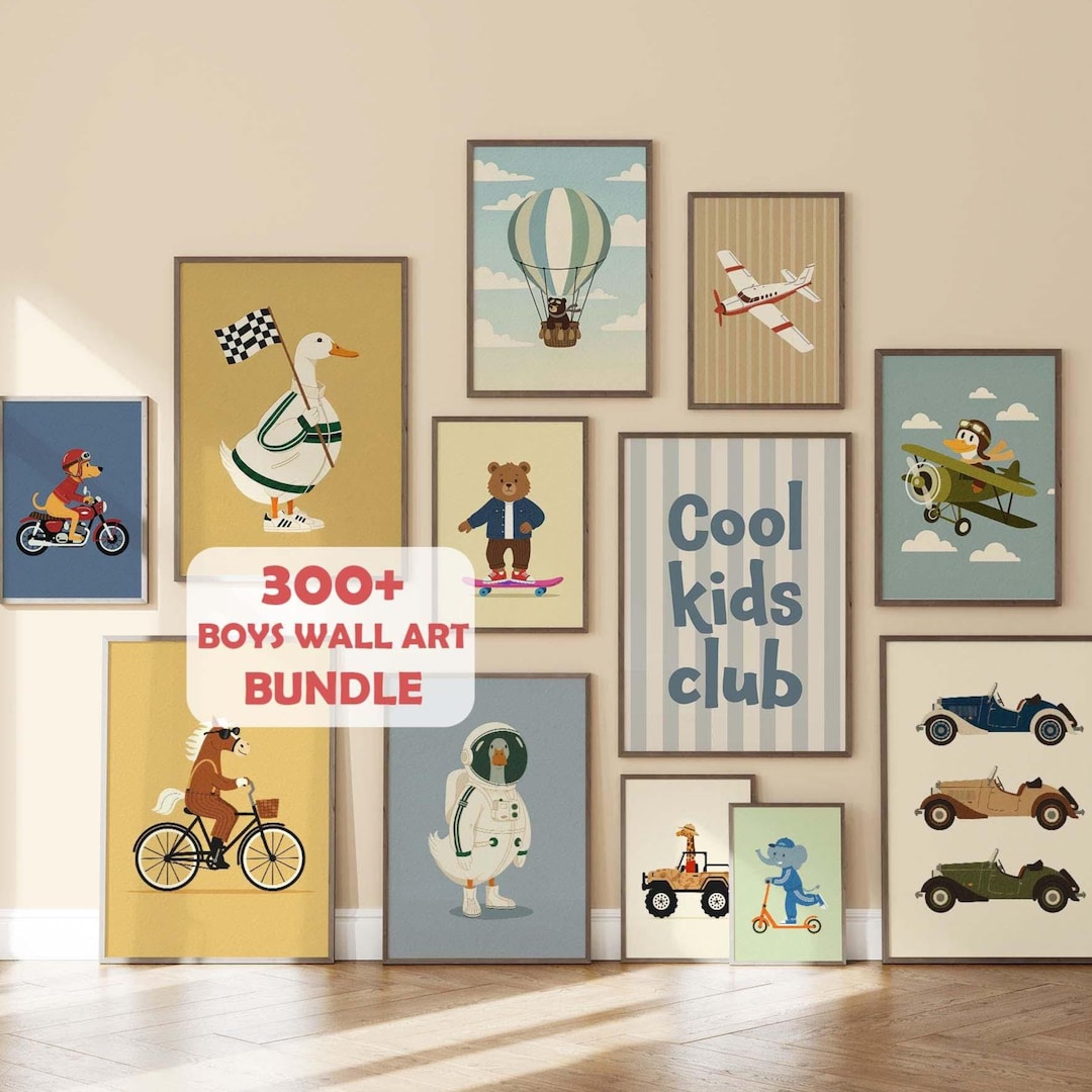 Retro Kids Wall Art Bundle 300+ Prints, Boys Room Nursery Decor Set ...