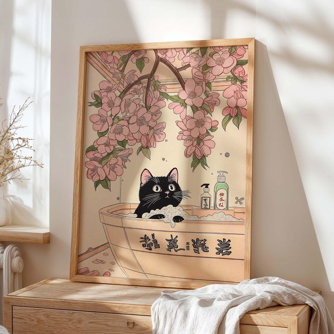 Black Cat Bath Print, Japanese Sakura, Ukiyo-e Bathroom Decor (digital ...