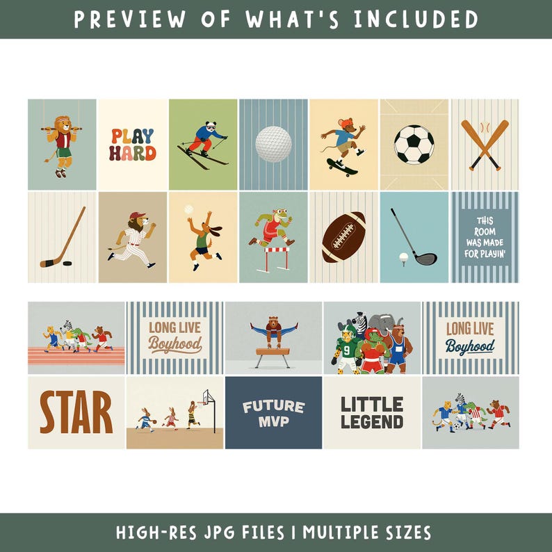 May include: A collection of colorful illustrations featuring animals engaged in various sports. The images include a lion on a trapeze, a panda skiing, a mouse skateboarding, and a football. Text includes "PLAY HARD", "STAR", "FUTURE MVP", and "LITTLE LEGEND".