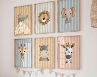 Lot d'impressions pour chambre d'enfants Safari, art mural animaux de la jungle pour enfants, décoration neutre pour chambre de bébé, imprimables en téléchargement numérique