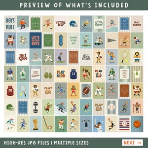 May include: A collection of colorful sports-themed illustrations, including images of a football, basketball, tennis, and baseball. The illustrations feature animals playing sports and text such as "Boys Rule" and "Play Hard."
