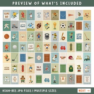 May include: A collection of illustrated sports-themed cards. Each card features a different sport, including snowboarding, soccer, and baseball, with cartoon animal characters. The cards have text such as "Game Day" and "Little Legend".
