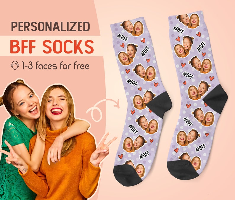 Custom Face Socks, Personalized Best Friends Photo Sock, Picture Face on Socks, Customized Funny Photo Gift For Her, Him, Friends BFF, #1BFF 