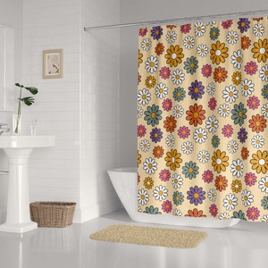 70s Retro Colorful Daisies Shower Curtain, Floral Bath Curtain, Hippie Bathroom Decor, Waterproof Curtain, Flower Curtain, Pastel Creme