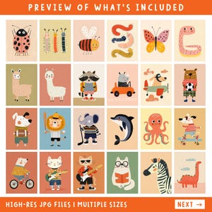 May include: A collection of colorful, illustrated animal art prints. The prints feature various animals such as a ladybug, bee, llama, raccoon, dog, lion, elephant, dolphin, octopus, cat, zebra, and dinosaur. The text at the top reads "PREVIEW OF WHAT'S INCLUDED".