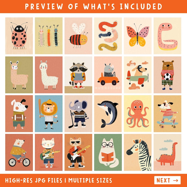 May include: A collection of colorful, illustrated animal art prints. The prints feature various animals such as a ladybug, bee, llama, raccoon, dog, lion, elephant, dolphin, octopus, cat, zebra, and dinosaur. The text at the top reads "PREVIEW OF WHAT'S INCLUDED".