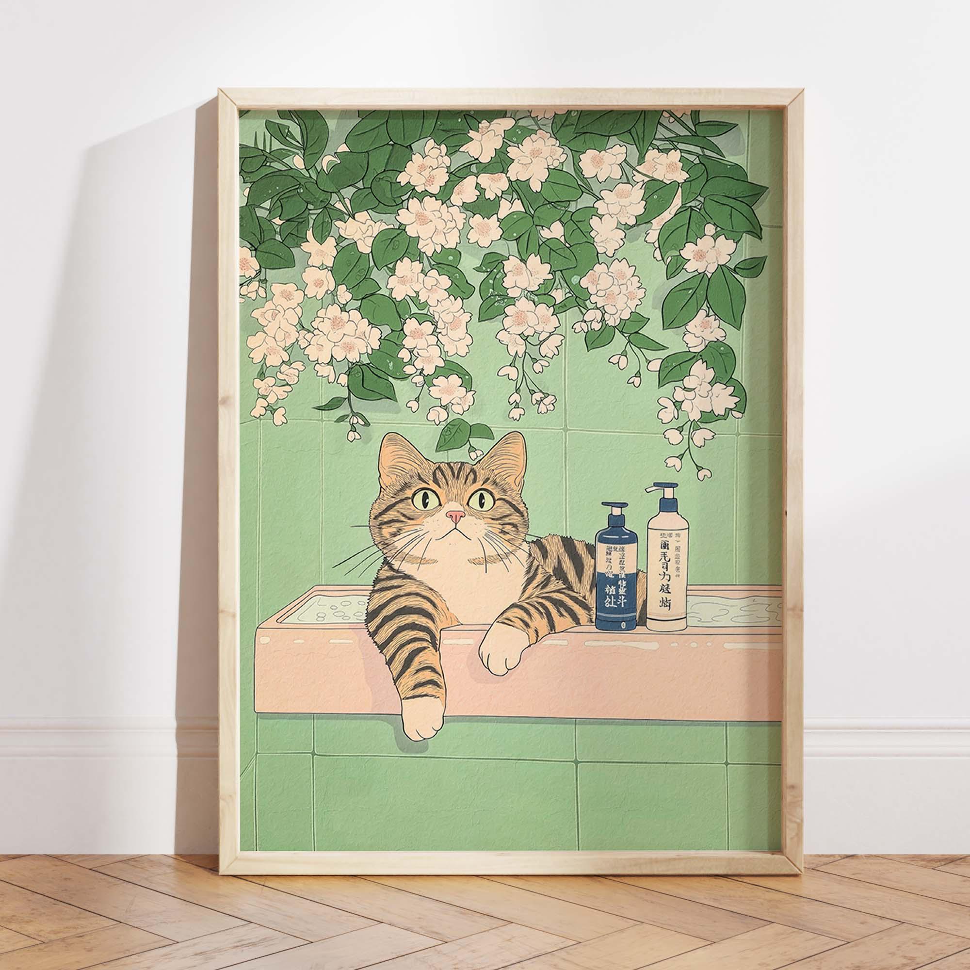 Tabby Cat Bathroom Art Print, Japanese Floral Bath Wall Decor, Ukiyo-e ...