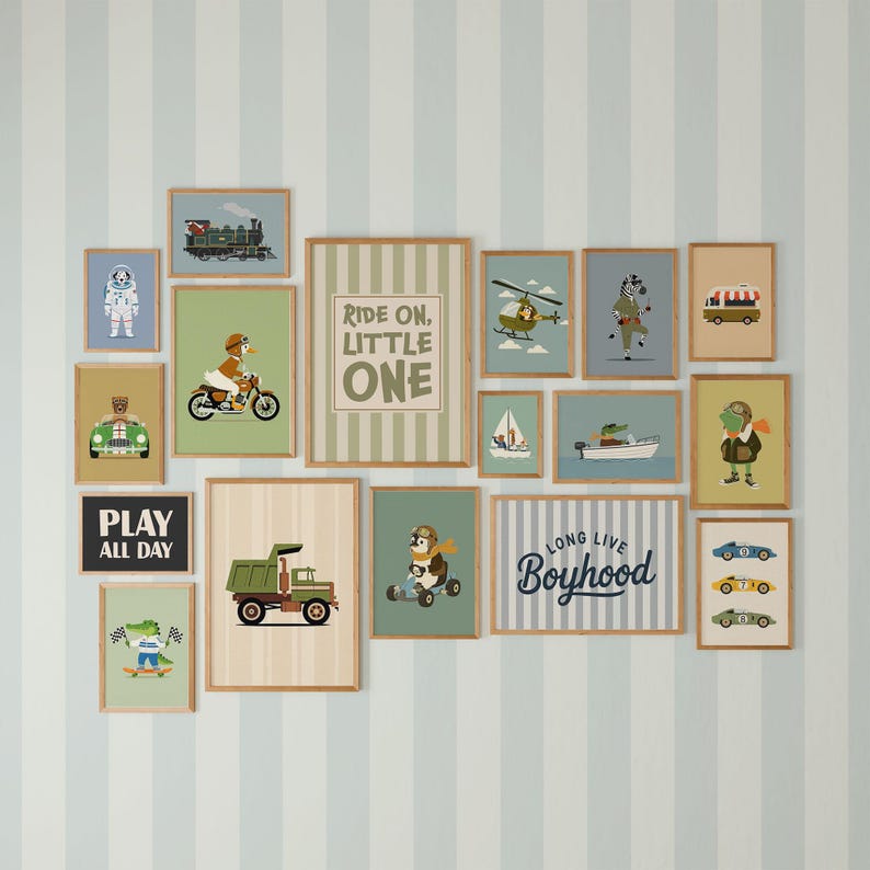 150 väggkonst med retrofordon, barnrumsdekor, barnrumstransporter, set med vintagebilar, digital nedladdning, utskrivbar konst bild 3