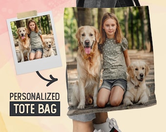 Sac fourre-tout photo personnalisé, sac shopping photo personnalisé, fourre-tout en toile pour portrait d'animal de compagnie, cadeau souvenir de famille pour maman