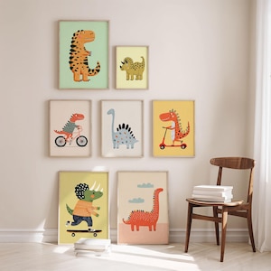 May include: A collection of framed dinosaur art prints. Each print features a different cartoon dinosaur in various activities, such as riding a bicycle, scooter, and skateboard. The color palette includes orange, green, yellow, and blue.