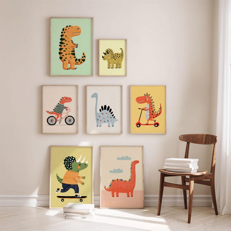 May include: A collection of framed dinosaur art prints. Each print features a different cartoon dinosaur in various activities, such as riding a bicycle, scooter, and skateboard. The color palette includes orange, green, yellow, and blue.