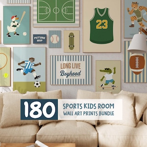 May include: A collection of framed wall art prints featuring sports themes for a kid's room. The prints include illustrations of a duck playing baseball, a basketball court, a jersey, and a soccer player. The text "LONG LIVE Boyhood" is also visible.