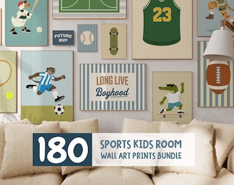 Bundle d'art mural sport pour garçons, impression sport rétro en téléchargement numérique, décoration de chambre d'enfant vintage, impression de chambre d'enfant de basket-ball de baseball football