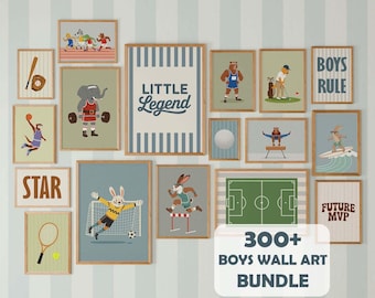 Sports Nursery Wall Art Bundle: Retro Boys Prints, Basketball & Football