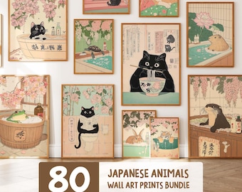80 impressions d'art mural animal japonais, décoration d'art mural salle de bain, art mural cuisine, chambre de bébé chat grenouille panda impressions d'art, téléchargement numérique imprimable