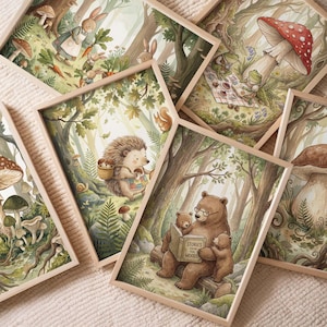 May include: A collection of framed watercolor prints featuring whimsical forest scenes. The illustrations depict animals like rabbits, a hedgehog, and a bear reading to cubs. The color palette includes greens, browns, and soft earth tones, creating a storybook aesthetic.