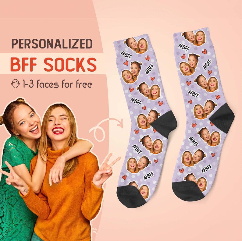 Calcetines faciales personalizados, calcetín personalizado con foto de mejores amigos, cara con imagen en calcetines, regalo fotográfico divertido personalizado para ella, él, amigos BFF, 1BFF imagen 1