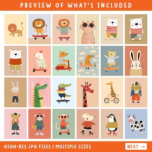 May include: A collection of colorful animal illustrations, including a lion on a skateboard, a bear in striped pants, and a giraffe on a bicycle. The text "PREVIEW OF WHAT'S INCLUDED" and "HIGH-RES JPG FILES I MULTIPLE SIZES" are displayed.
